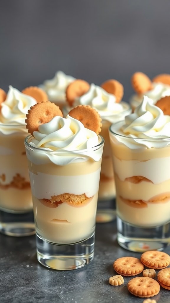Delicious banana pudding shooters served in small cups with layers of banana pudding, whipped cream, and vanilla wafers