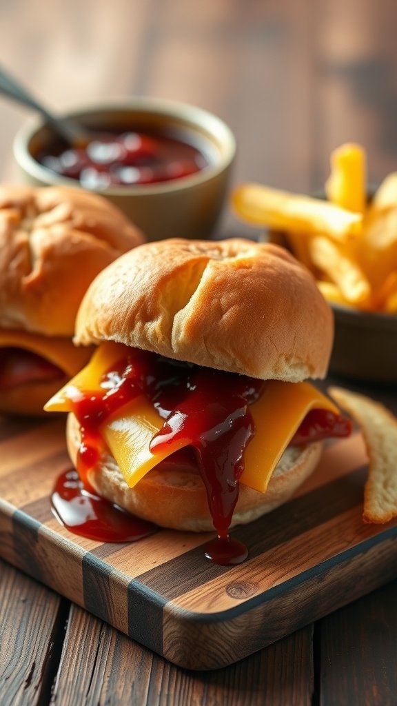 Delicious BBQ ham and cheese sliders on a wooden board with BBQ sauce