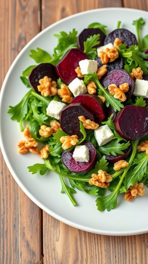 A colorful beet and goat cheese salad with walnuts on a plate