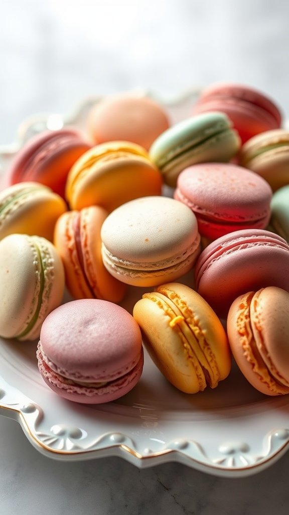 A plate of colorful bite-sized macarons arranged beautifully.