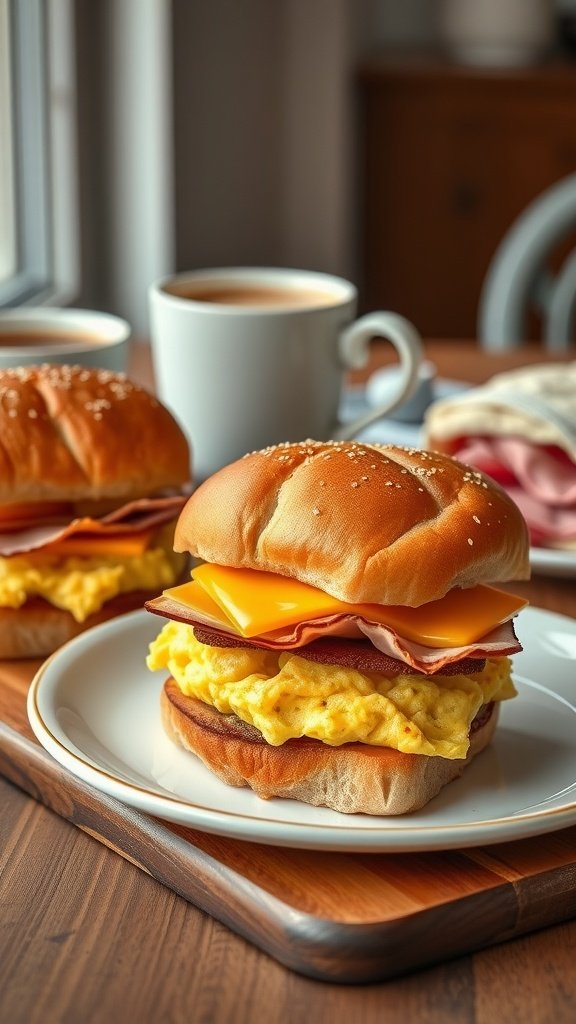 Breakfast ham and cheese sliders on a plate with a cup of coffee