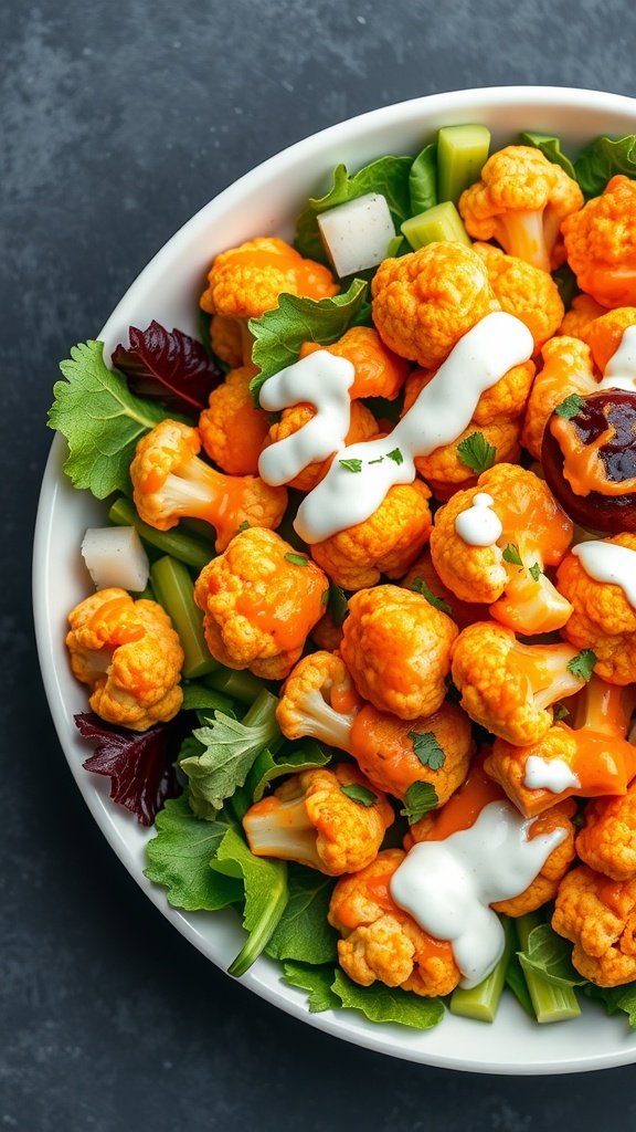 Buffalo Cauliflower Salad with greens and dressing