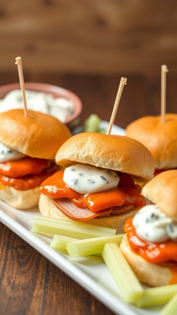Buffalo ham sliders on a serving platter with celery sticks and dressing