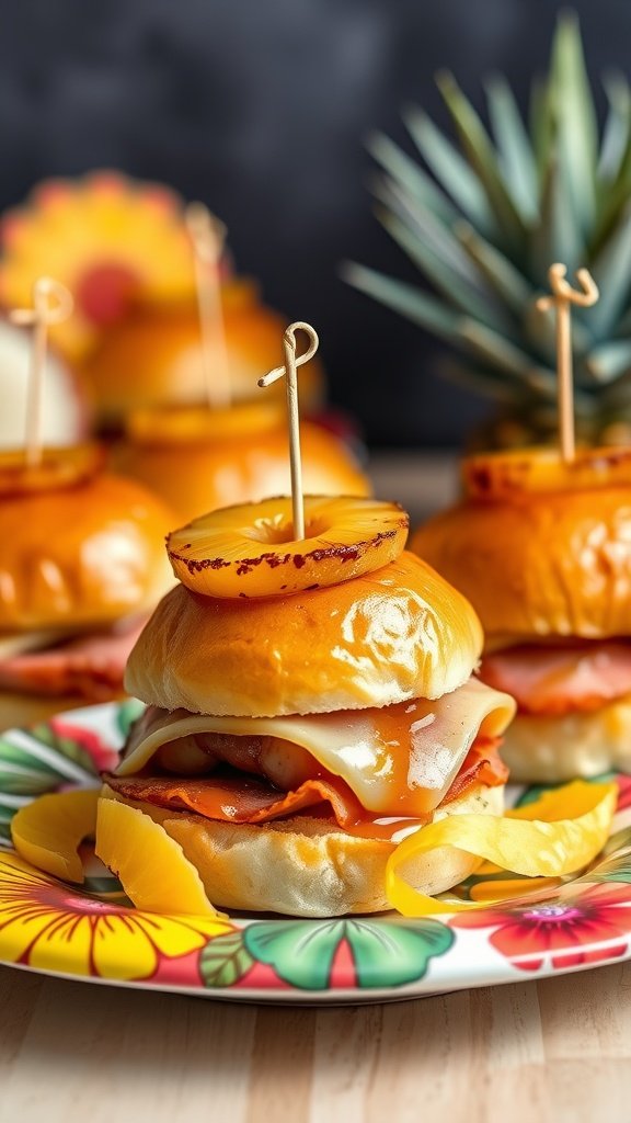 Delicious caramelized pineapple ham sliders on a colorful plate.