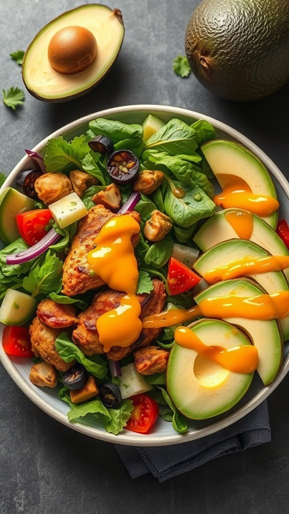 A colorful Caribbean Jerk Chicken Salad with greens, sliced avocados, cherry tomatoes, and jerk chicken