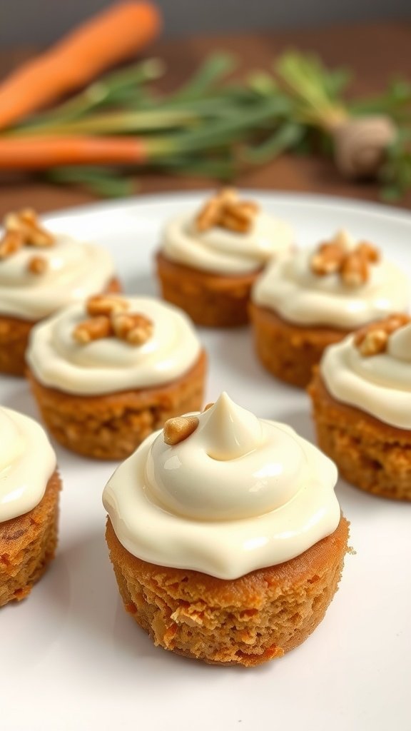 Carrot cake bites topped with cream cheese frosting and walnuts