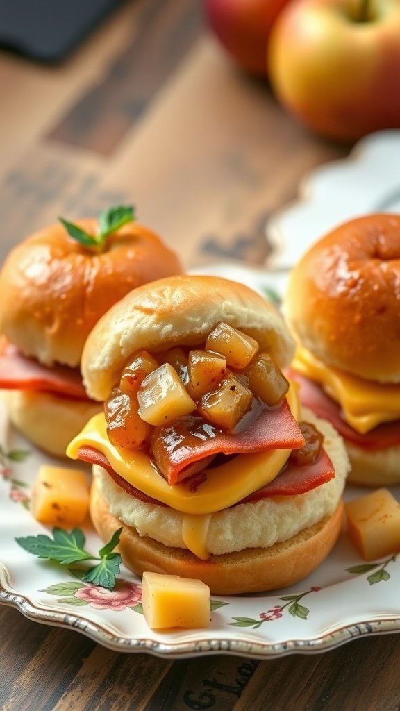 Cheddar and ham sliders topped with apple chutney on a decorative plate.