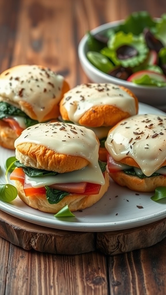 Cheesy spinach and ham sliders on a wooden platter