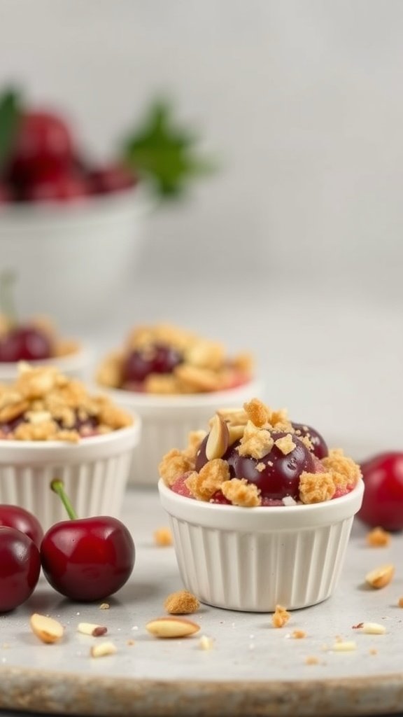 Delicious Cherry Almond Crumble Bites served in small cups, garnished with almonds and cherries.
