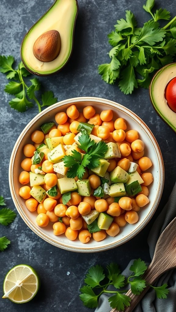 A vibrant bowl of chickpea and avocado salad garnished with fresh herbs and lime.