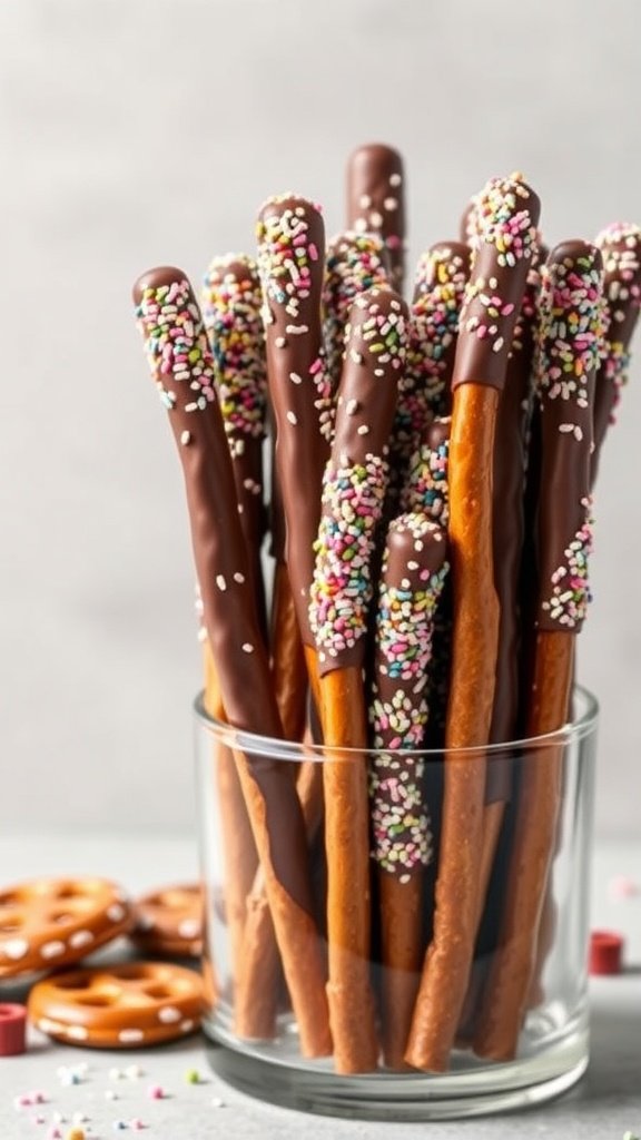 Chocolate-covered pretzel rods with colorful sprinkles in a glass jar.