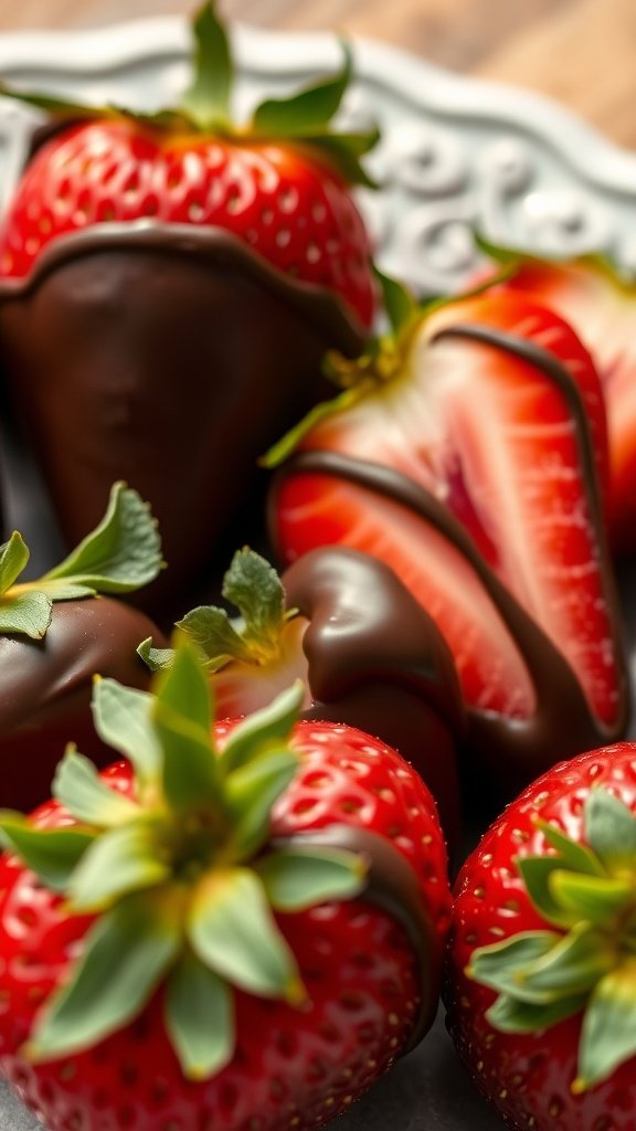 A close-up of chocolate-dipped strawberries, showcasing their shiny chocolate coating and fresh green tops.