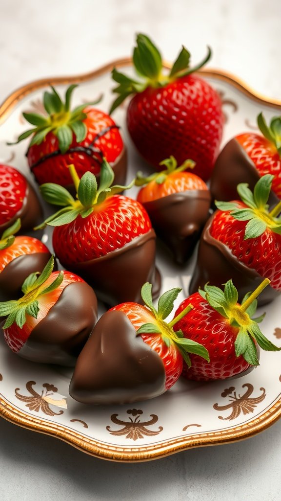 A plate of chocolate-dipped strawberries decorated elegantly.