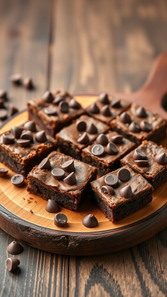 Chocolate chip brownie bites served on a wooden platter. Mini desserts for parties