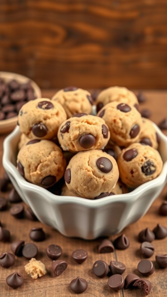 A bowl of chocolate chip cookie dough bites surrounded by chocolate chips