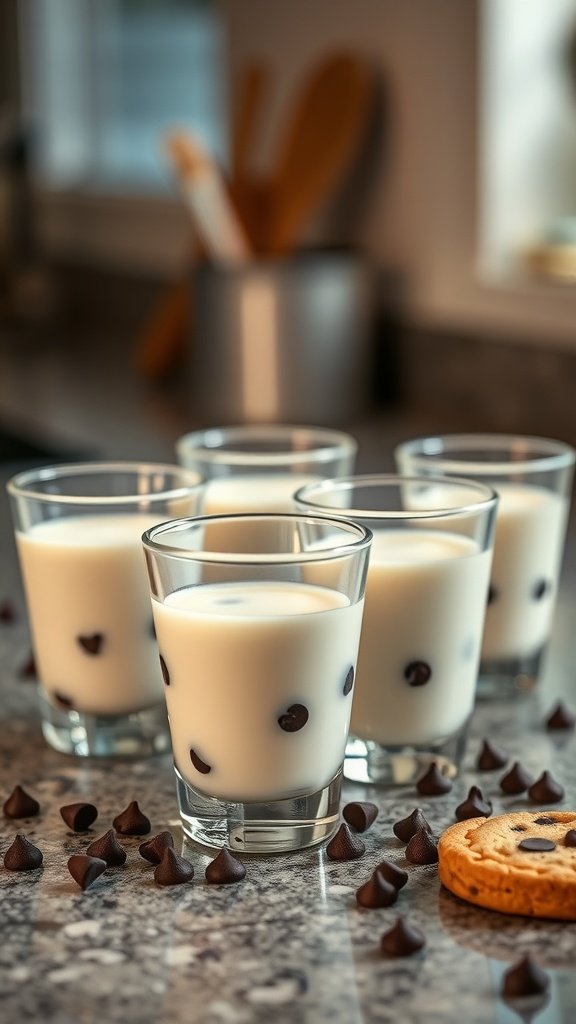 Chocolate chip cookie cups filled with milk and chocolate chips scattered around