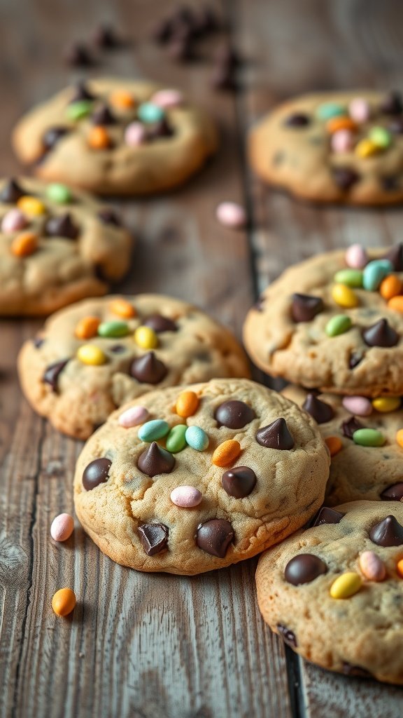 Chocolate chip cookies with colorful Easter sprinkles on a wooden surface