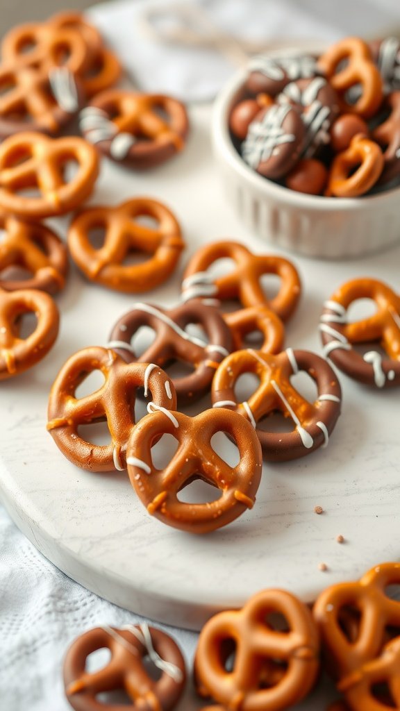 A plate of chocolate covered mini pretzels with white chocolate drizzle and sprinkles