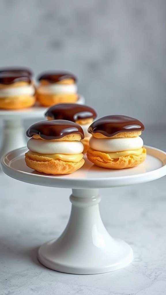 Chocolate eclairs filled with vanilla cream and topped with chocolate glaze on a white plate.
