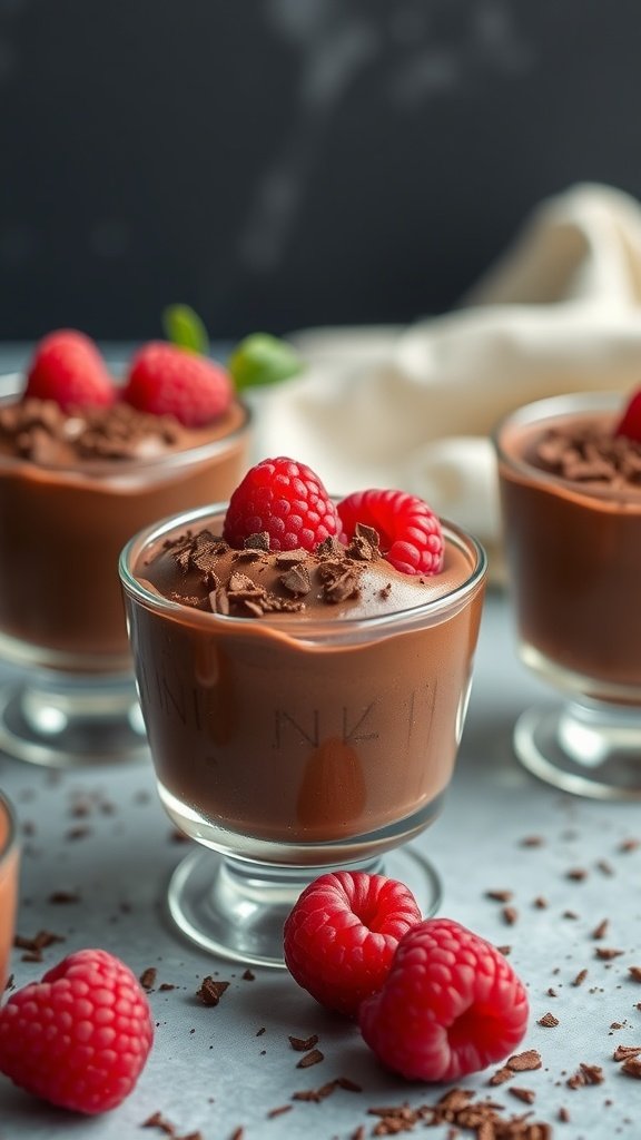 Delicious chocolate mousse cups topped with raspberries and chocolate shavings