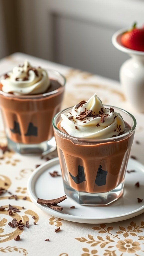 Delicious chocolate mousse cups topped with whipped cream and chocolate shavings.