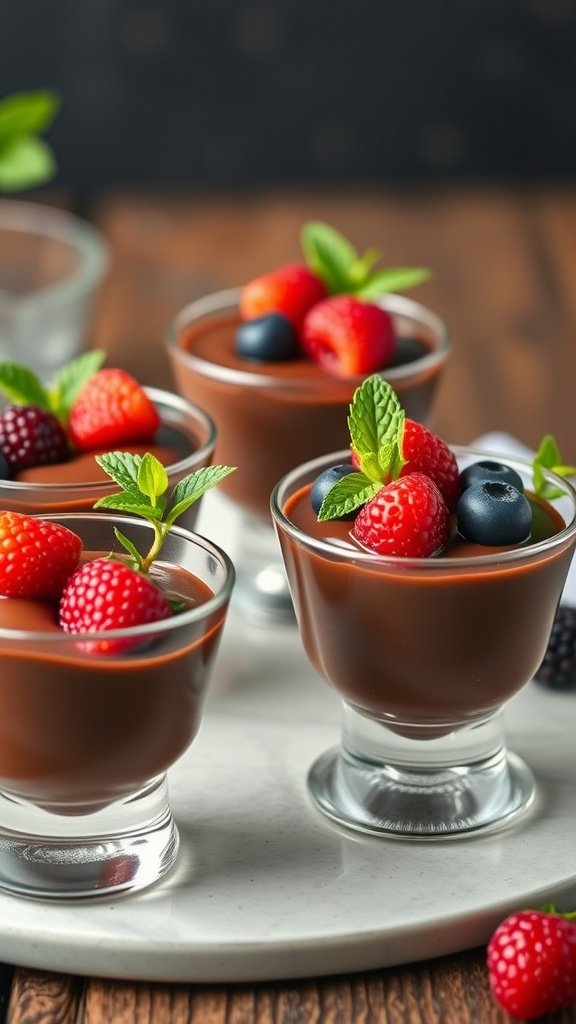 Chocolate mousse cups topped with fresh berries and mint. Mini desserts for weddings