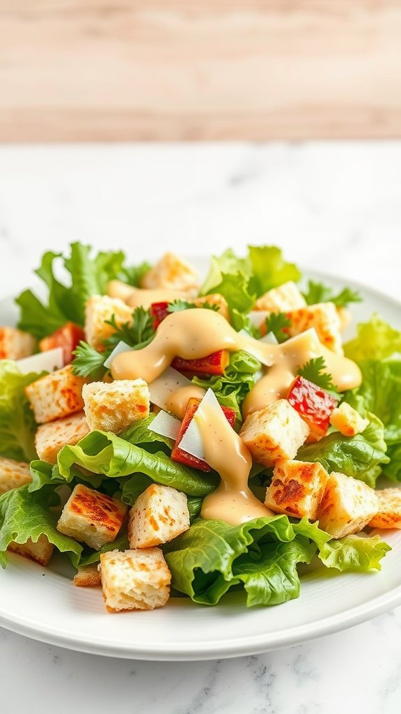 A classic Caesar salad with lettuce, croutons, and dressing.