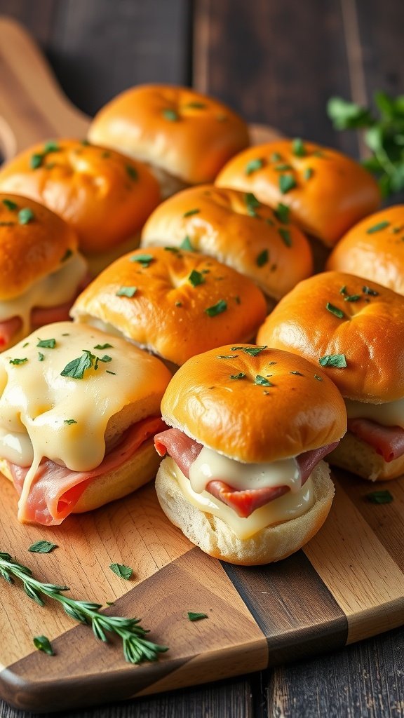 Classic ham and cheese sliders with fresh herbs on a wooden board.