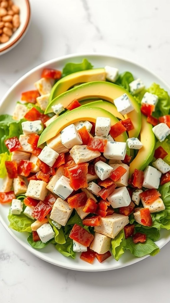 Cobb salad with avocado, mixed greens, chicken, bacon, tomatoes, and blue cheese