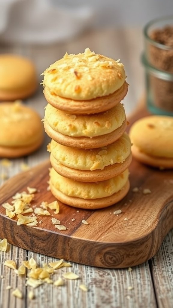 A stack of coconut macaroons on a wooden board with a rustic background.