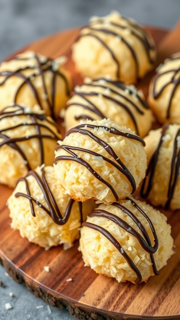 Coconut macaroons drizzled with chocolate on a wooden platter
