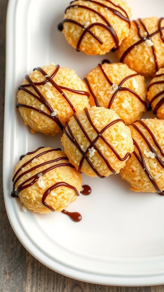 Coconut macaroons drizzled with chocolate on a white plate