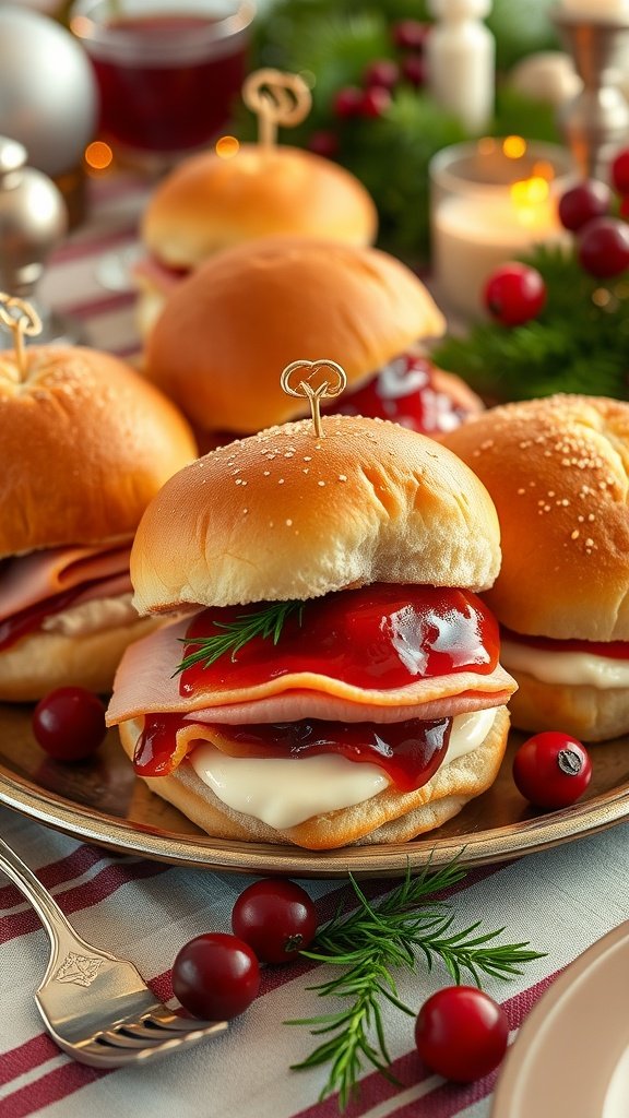 Delicious cranberry and ham sliders served on a platter with festive garnishes.