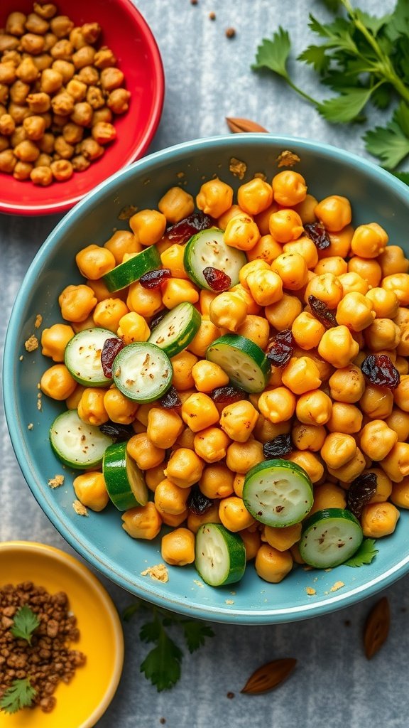 A colorful bowl of curried chickpea salad with cucumber and raisins