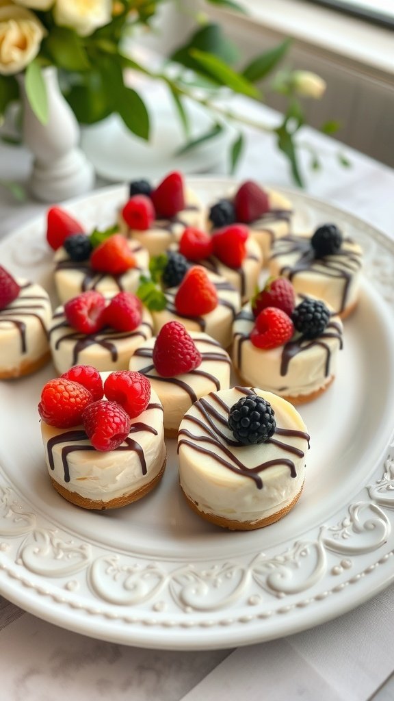 Mini cheesecakes topped with berries and chocolate drizzle on a white plate.