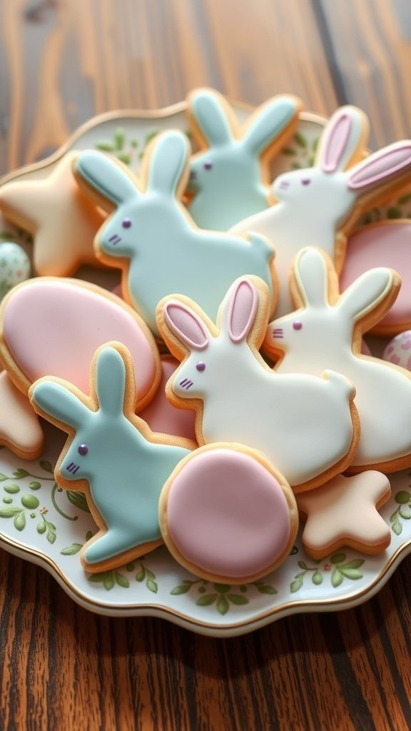 Decorative sugar cookies in pastel colors, shaped like bunnies and eggs, perfect for Easter.
