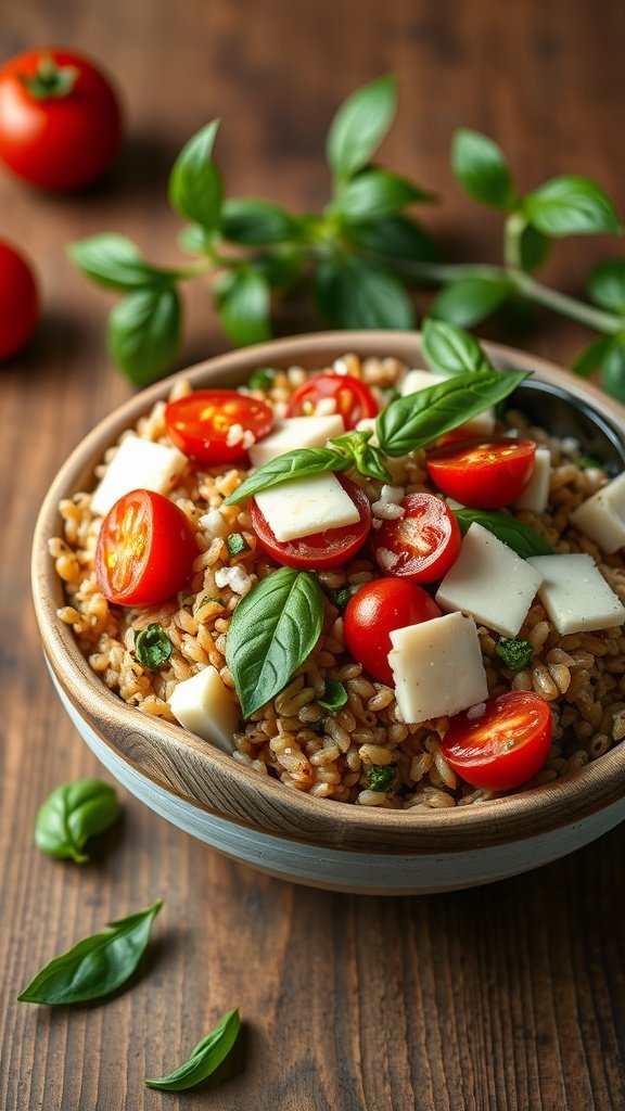 A bowl of farro salad topped with roasted tomatoes and fresh basil