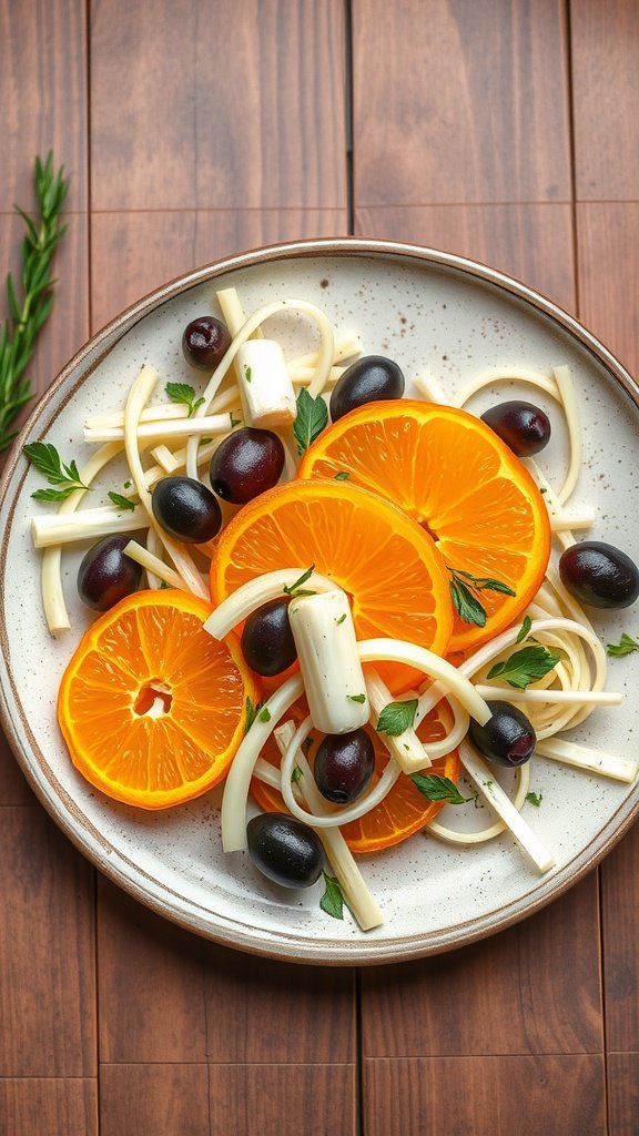 Fennel and orange salad with olives on a plate