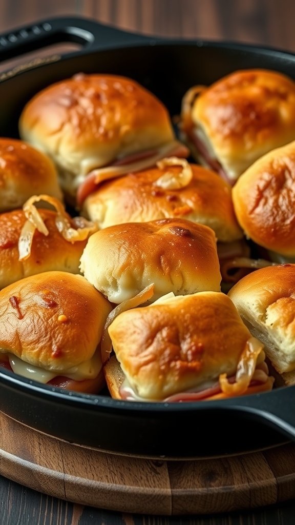 French onion ham and cheese sliders in a baking dish