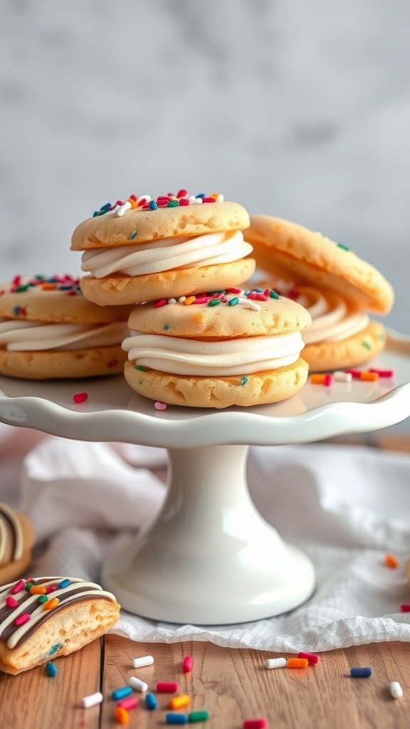 Frosted cookie sandwiches with cream filling and colorful sprinkles.