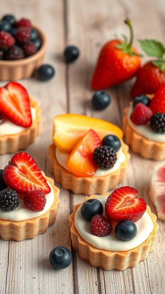Delicious mini fruit tartlets with pastry cream topped with fresh berries and fruits.