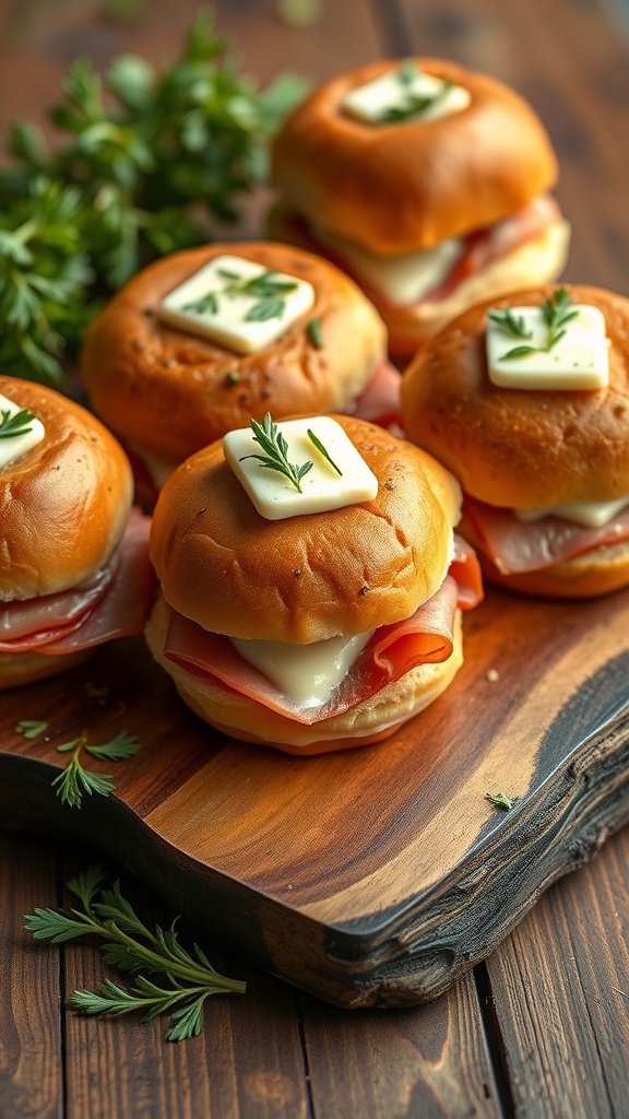 Garlic herb ham and cheese sliders on a wooden board
