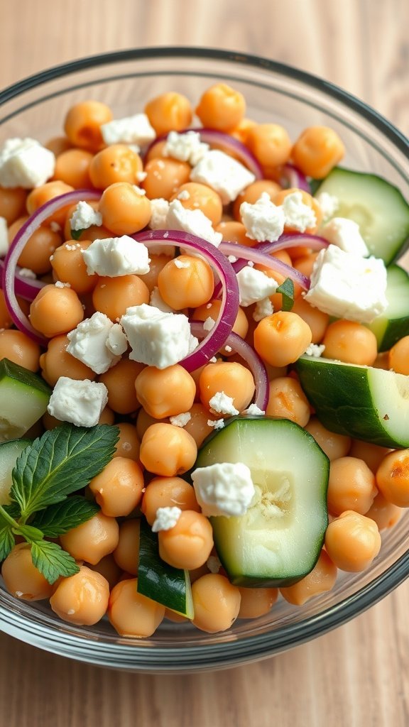 A bowl of Greek Chickpea Salad featuring chickpeas, cucumber, red onion, and feta cheese.