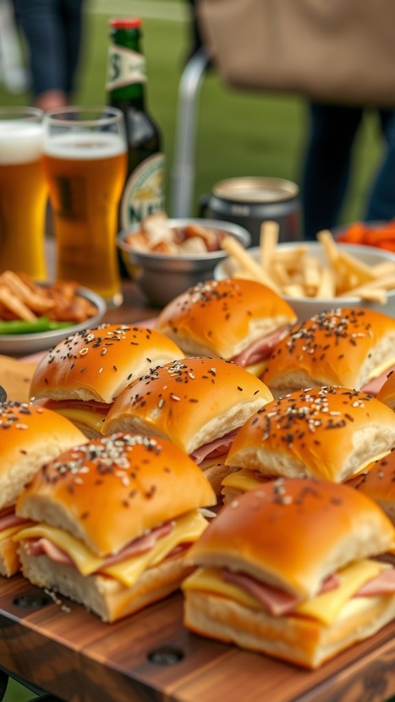 Delicious ham and cheese sliders on a wooden table, perfect for tailgating.