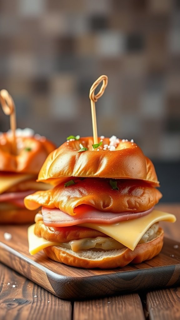 Delicious ham and cheese sliders on pretzel buns, layered and ready to serve.