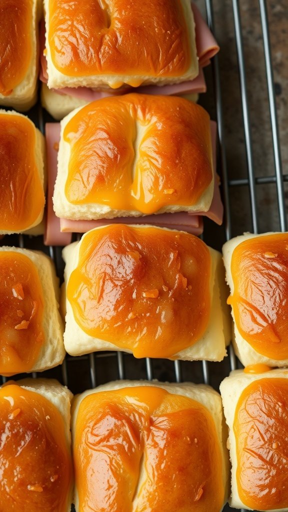 Delicious ham and cheese sliders with a golden-brown top on a cooling rack.