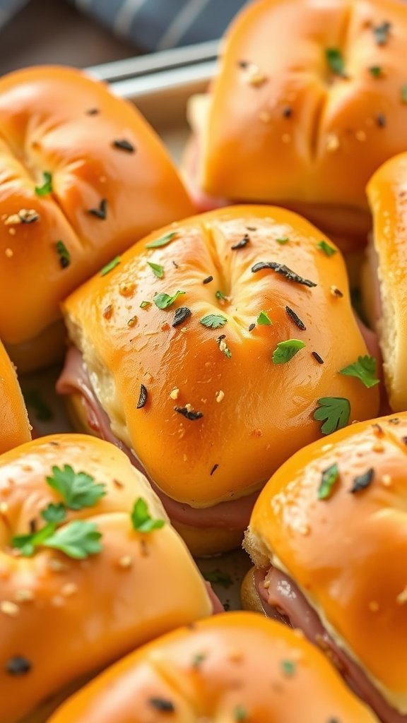 Delicious ham and cheese sliders made with Hawaiian rolls, featuring melted cheese and golden tops.