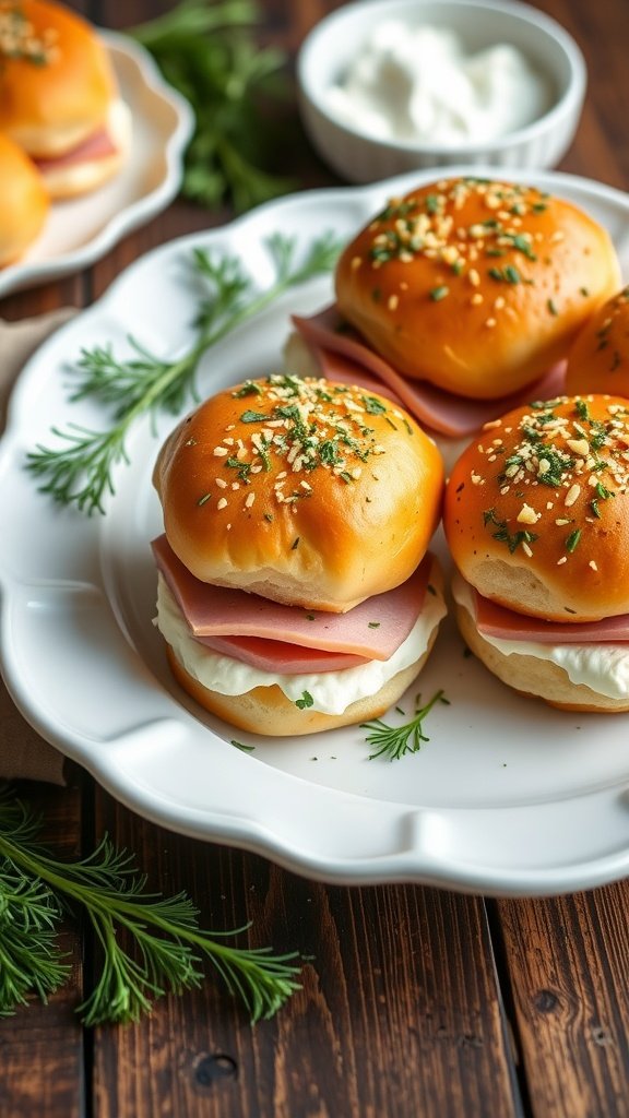 Delicious ham and cheese sliders with herbed cream cheese, garnished with herbs