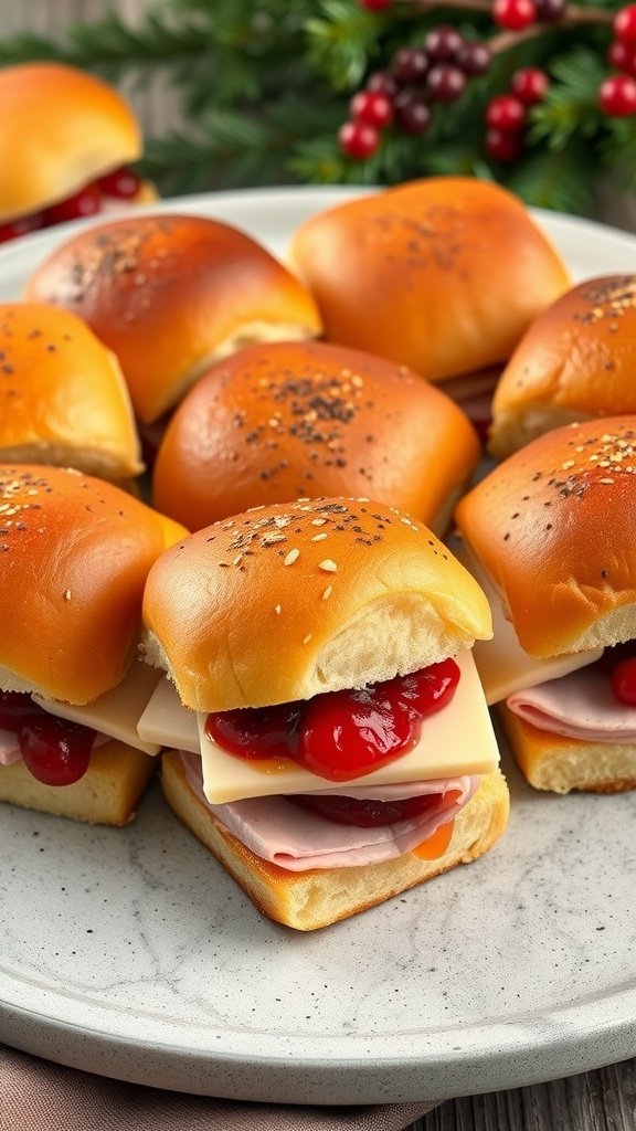 A plate of ham and cheese sliders with cranberry sauce, perfect for holiday gatherings.