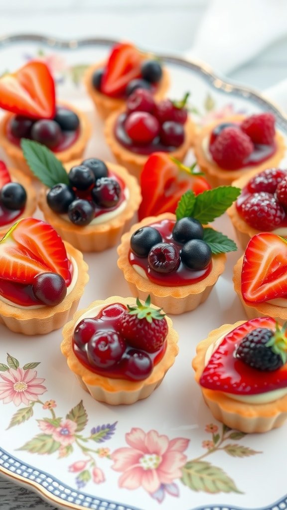 Delicious individual fruit tarts topped with fresh berries on a decorative plate.